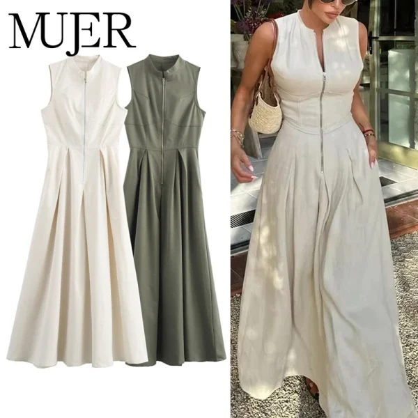 MUJER Zipper Long Dress Woman Pleated Sleeveless