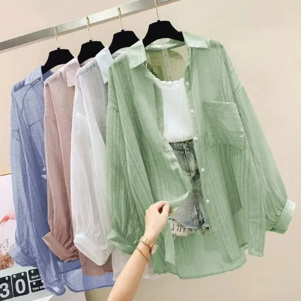 Casual Women's Cardigan Summer Sunscreen Shirt Elegant Perspective Thin Chiffon Blouse Korean Harajuku See Through Loose Top