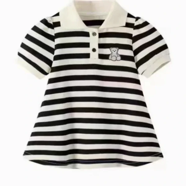 Summer Girl Dress Bear Embroidered Polo Neck